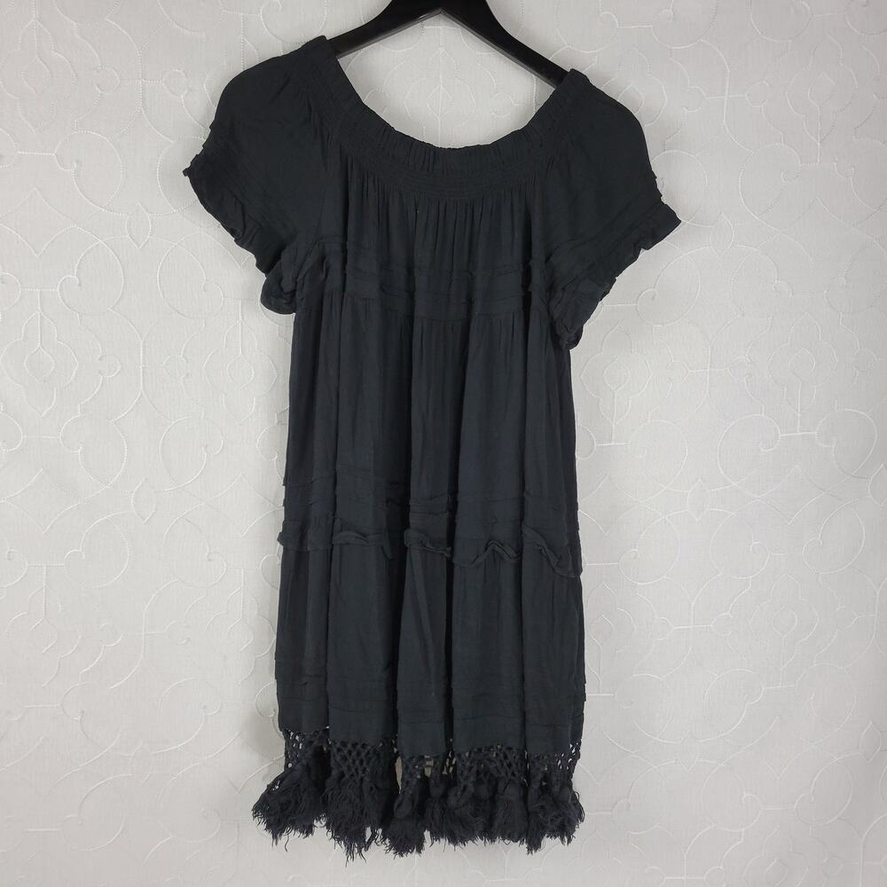 Vintage Havana Women Dress Size S Black Off Shoulder Crochet Tassel Fringe Hem